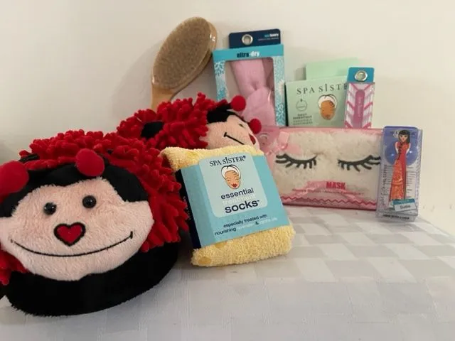 Spa gifts, ladybug slippers, and socks