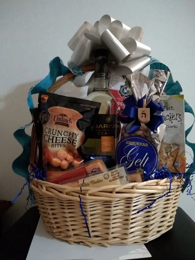 Hanukkah gift basket with wine, snacks